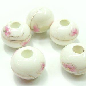 画像1: 陶器ビーズ　楕円花　9×12mm　白×桃 【5ヶ入】 (1)